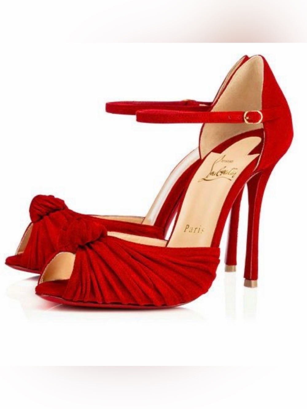 Christian Louboutin Marchavekel Red Suede Knotted Peep-Toe Ankle-Strap Heels